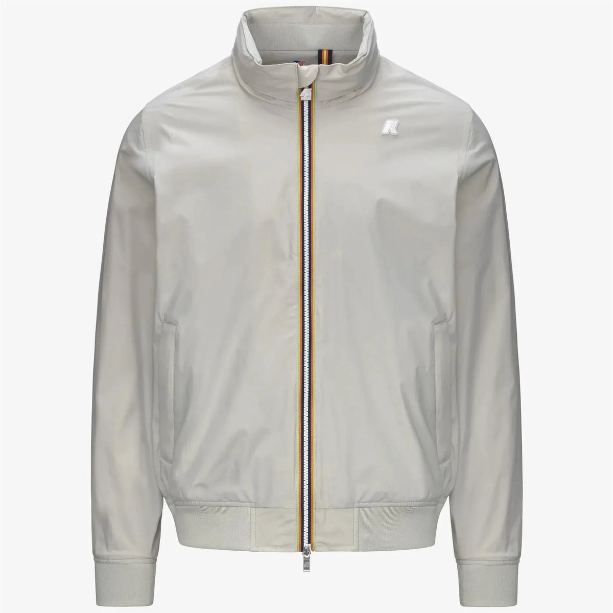 Giubbino uomo beige chiaro con zip centrale multicolore, logo sul petto, stile casual