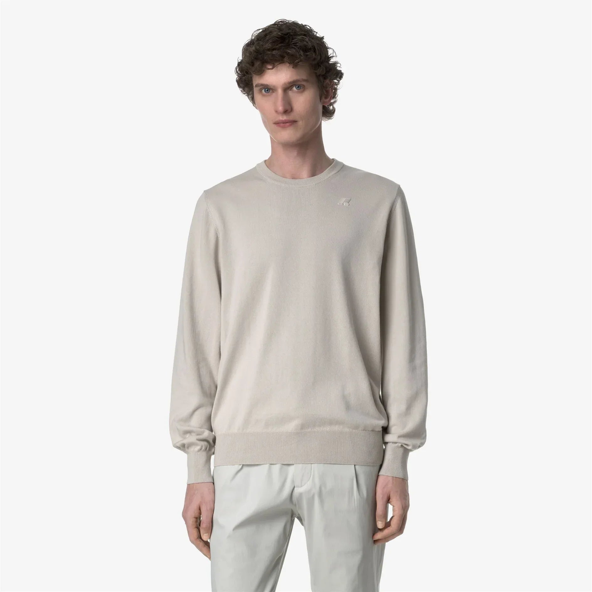 Maglione uomo beige chiaro a maniche lunghe, girocollo, stile casual elegante