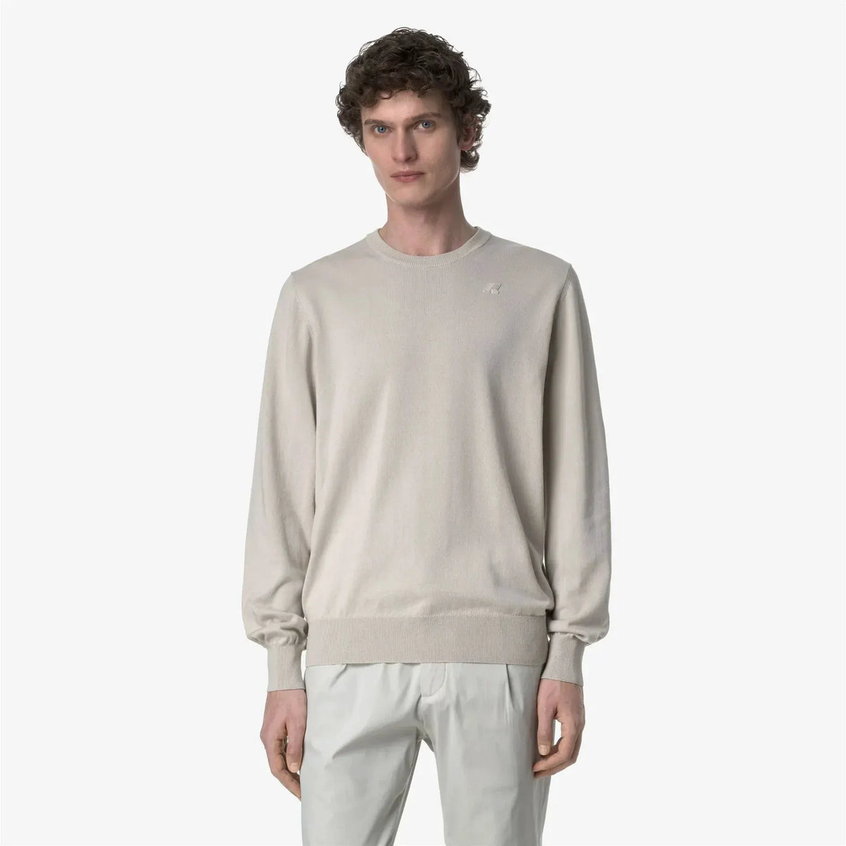 Maglione uomo beige chiaro a maniche lunghe, girocollo, stile casual elegante