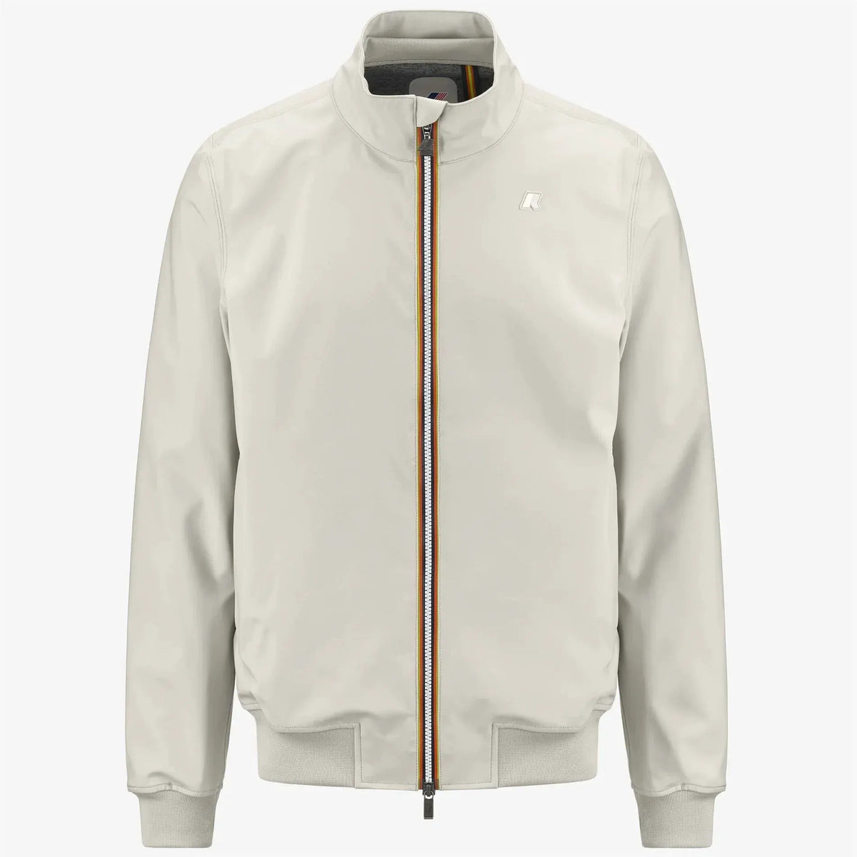 Giubbotto uomo beige chiaro con zip tricolore, stile casual, colletto alto, moda primavera