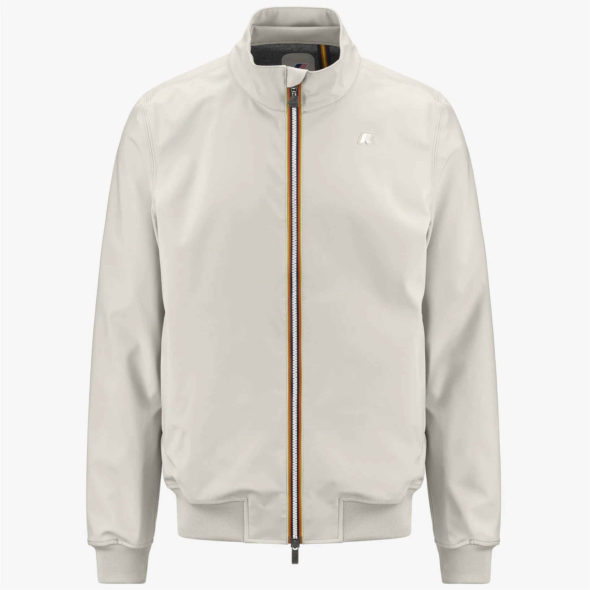Giubbotto uomo beige chiaro con zip tricolore, stile casual, colletto alto, moda primavera