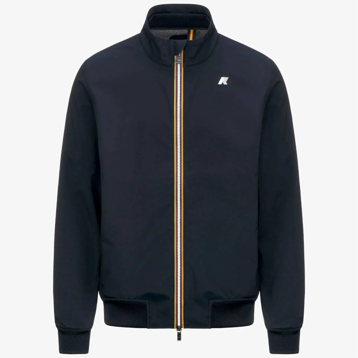 Giubbotto uomo blu scuro con zip gialla, stile bomber, abbigliamento casual eleganza.