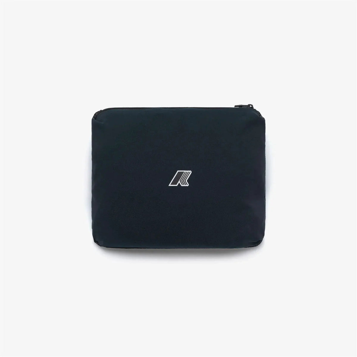Pochette nera unisex con logo bianco centrale, zip superiore, stile minimalista