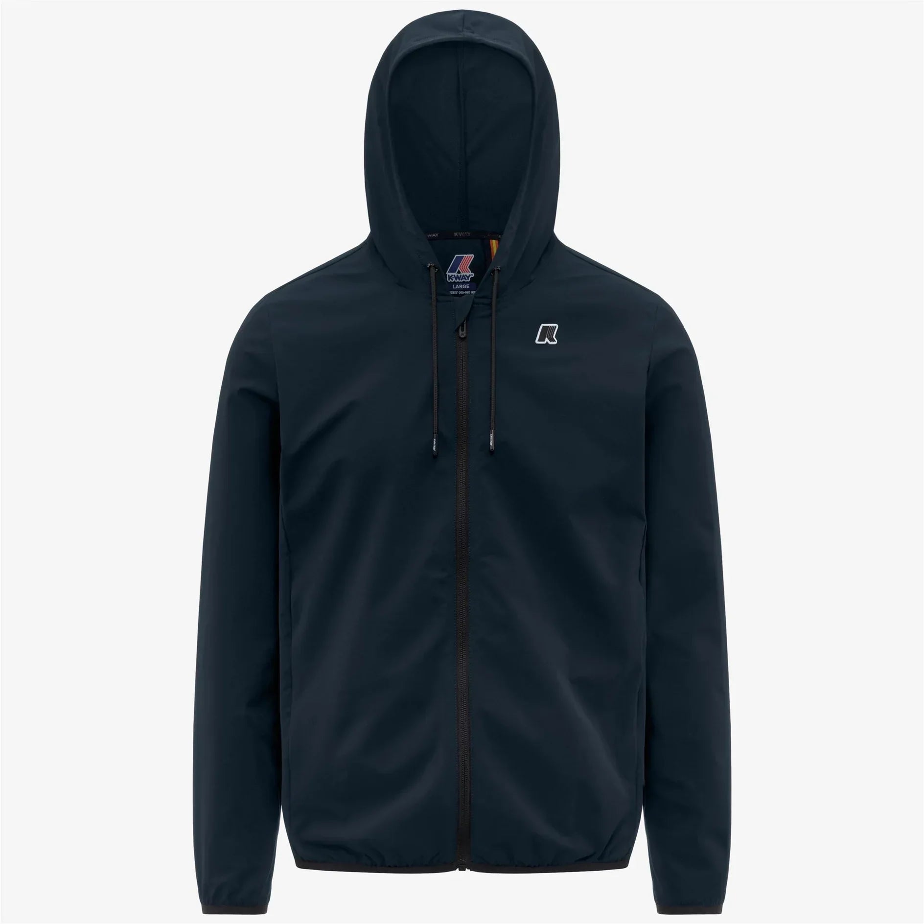 Giacca uomo con cappuccio blu scuro, zip frontale, stile casual, logo stampato sul petto.