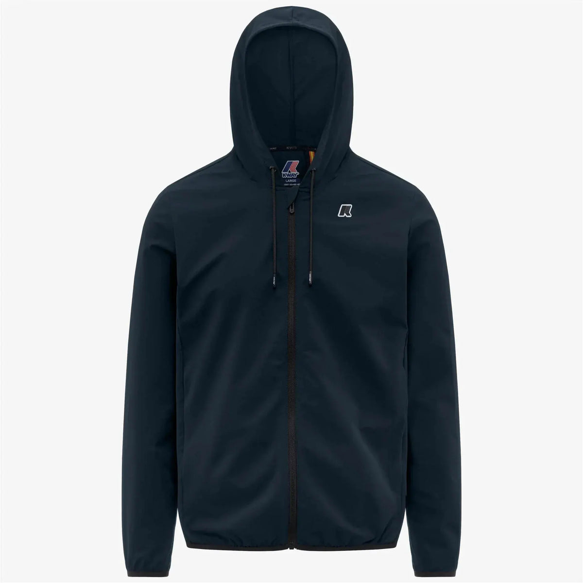 Giacca uomo con cappuccio blu scuro, zip frontale, stile casual, logo stampato sul petto.