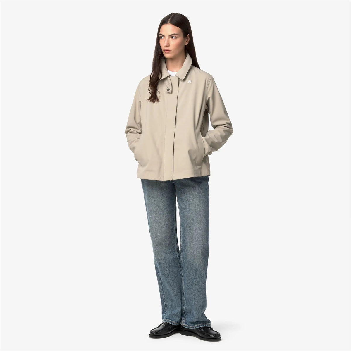 Giacca da donna K-Way Bleizou Bonded - Beige Cashmere / Blue Depth, dettaglio cappuccio.