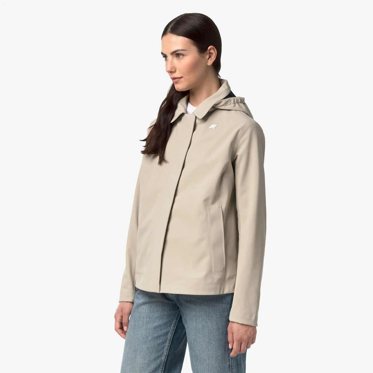 Giacca da donna K-Way Bleizou Bonded - Beige Cashmere / Blue Depth, dettaglio manica.