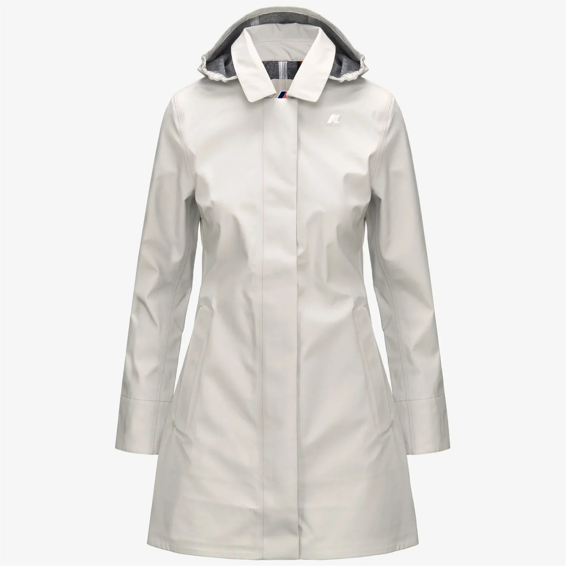 Impermeabile donna beige chiaro con cappuccio, linea elegante e minimal, stile casual