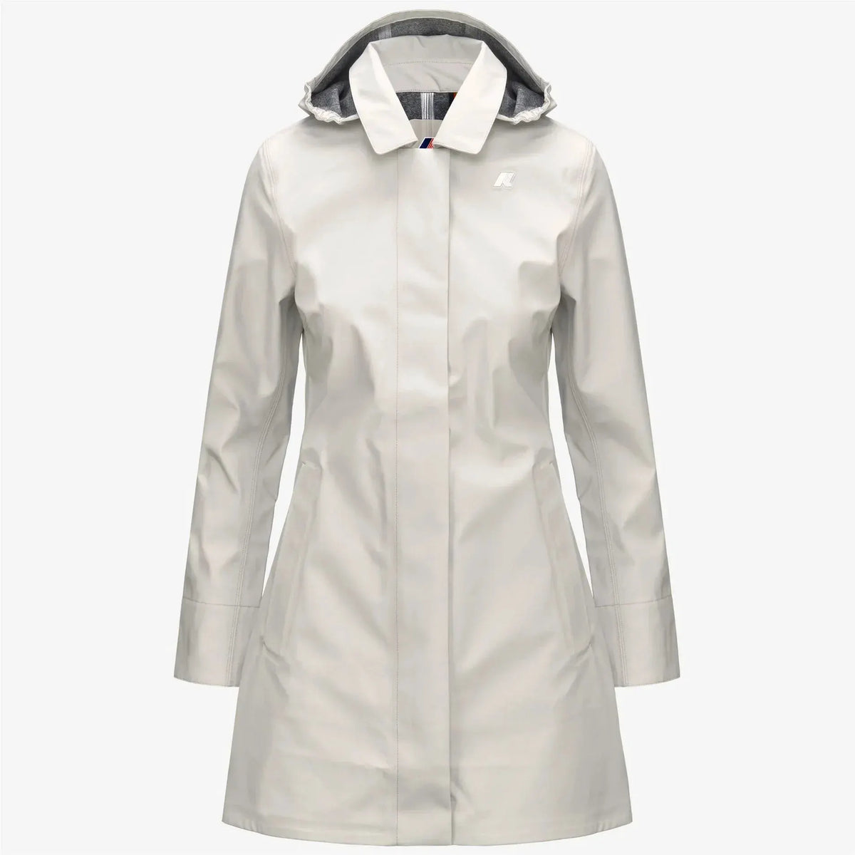 Impermeabile donna beige chiaro con cappuccio, linea elegante e minimal, stile casual