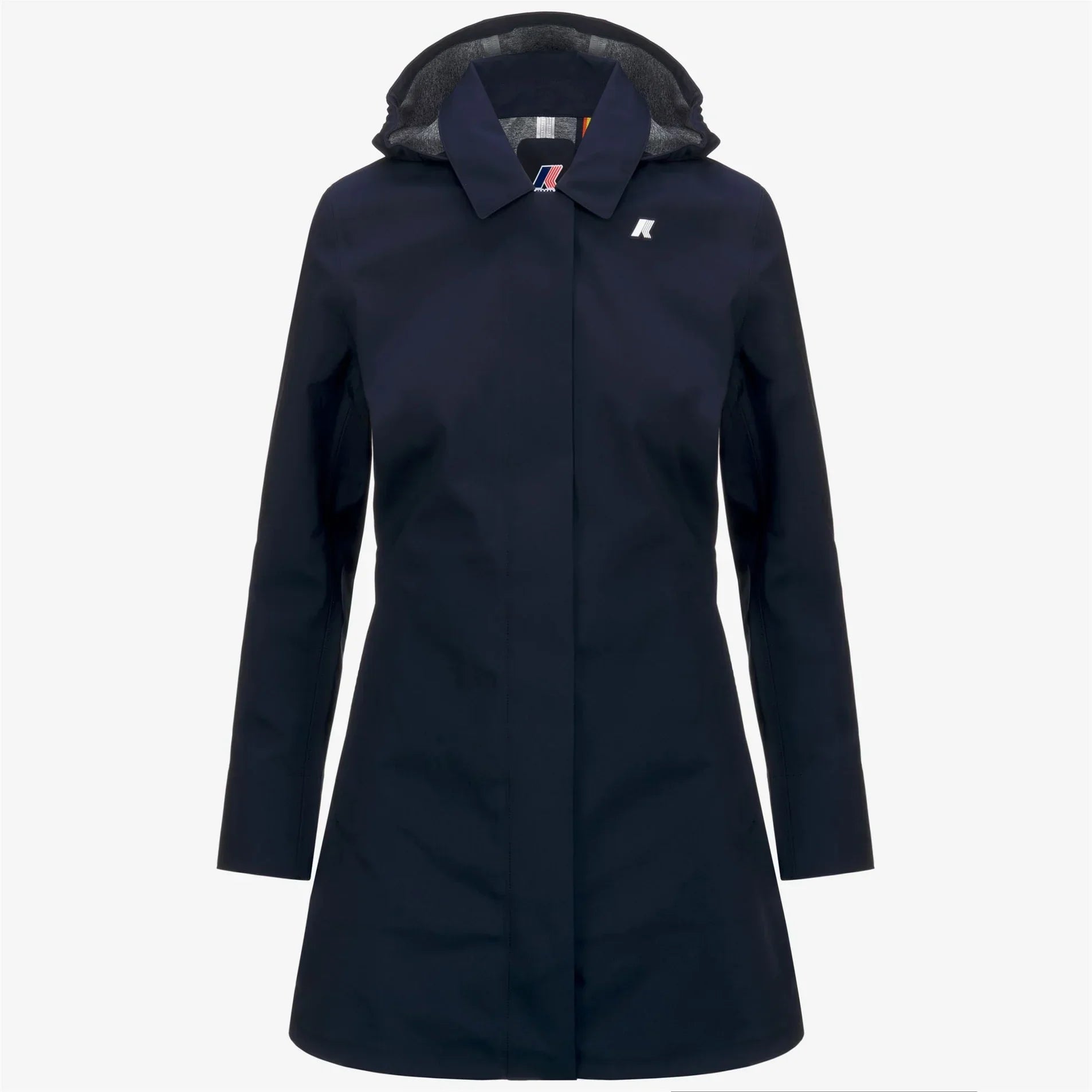 Cappotto impermeabile donna blu scuro con cappuccio, stile elegante, chiusura frontale