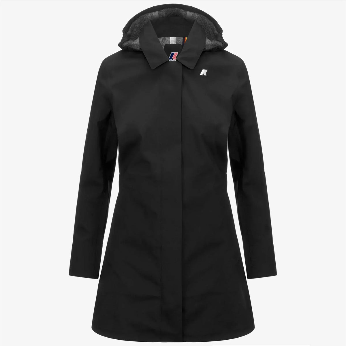 Giacca impermeabile donna nera con cappuccio, chiusura frontale, design elegante