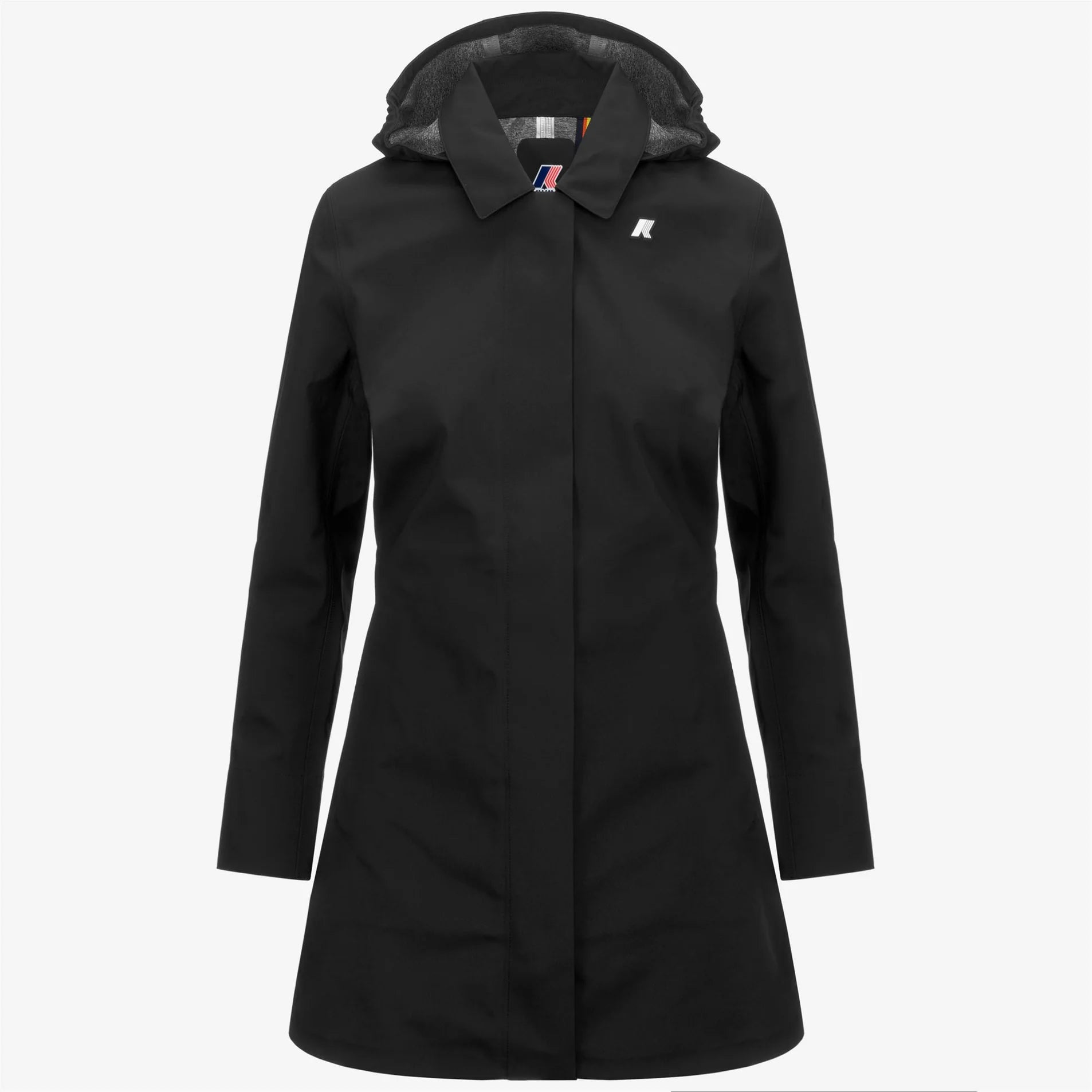 Giacca impermeabile donna nera con cappuccio, chiusura frontale, design elegante