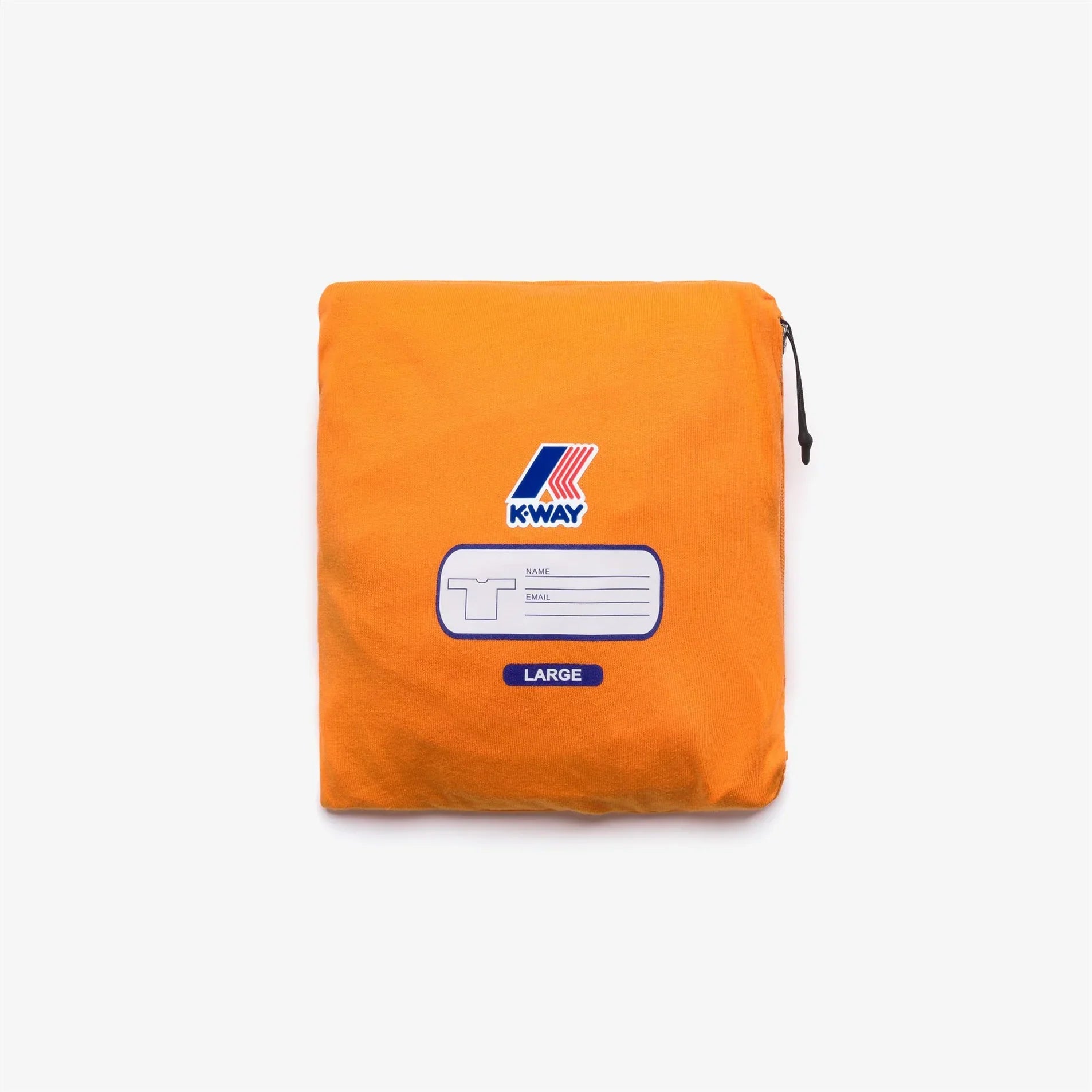 Pochette arancione K-Way in tessuto con logo frontale e chiusura zip, taglia large.