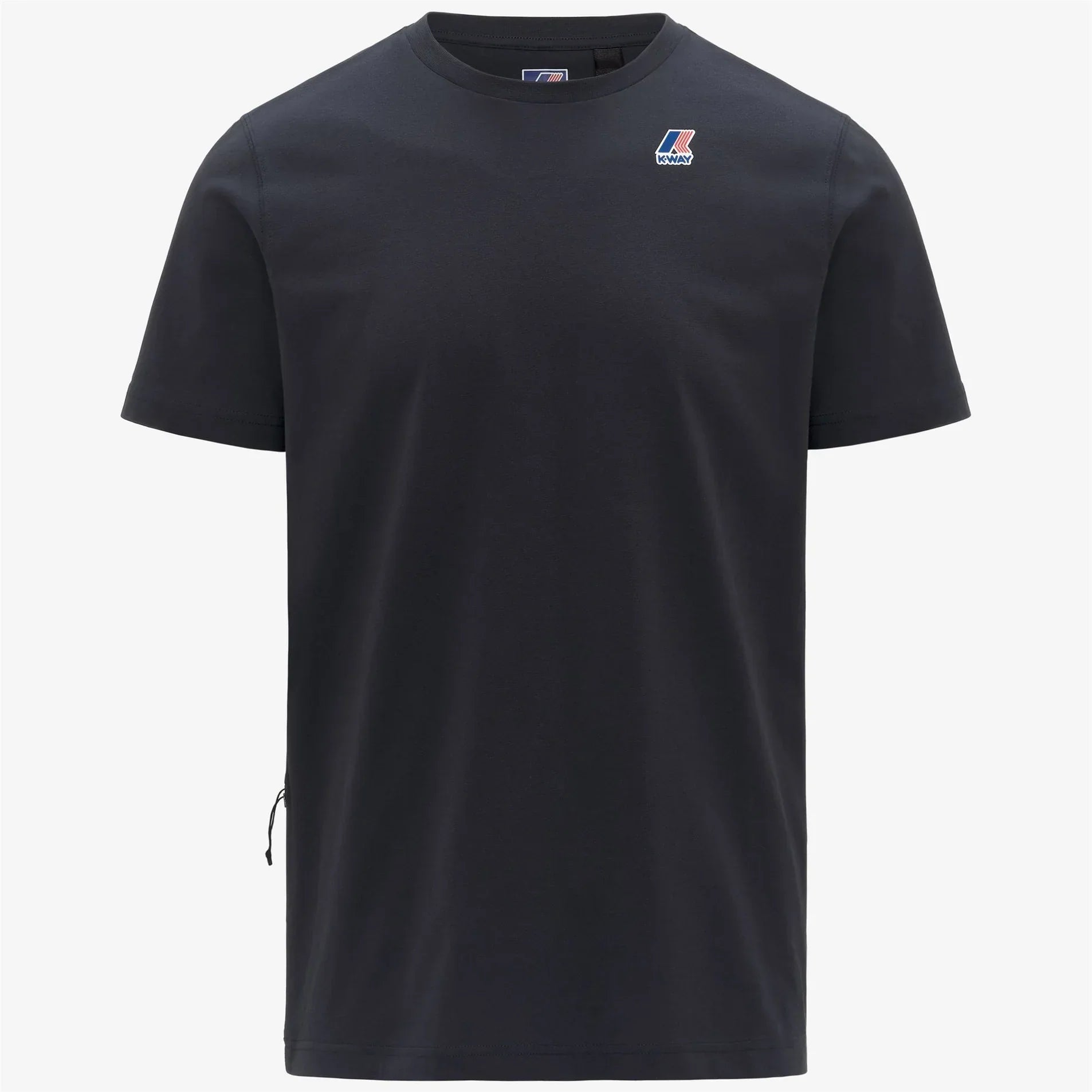 T-shirt nera uomo manica corta con piccolo logo colorato sul petto, stile casual.