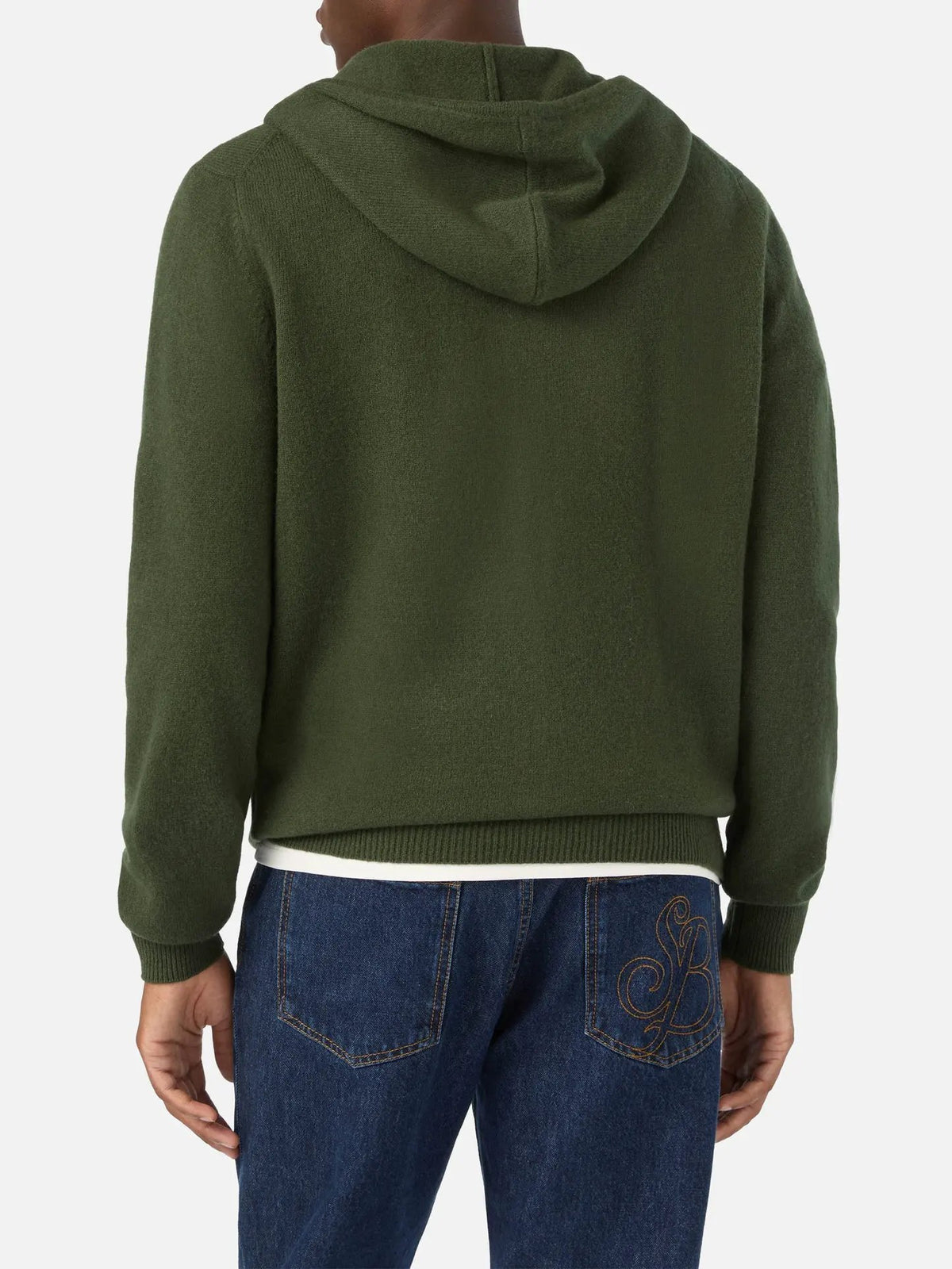 Maglione uomo con cappuccio e zip in lambswool verde militare Saint Barth Notting - Vista indossata frontale