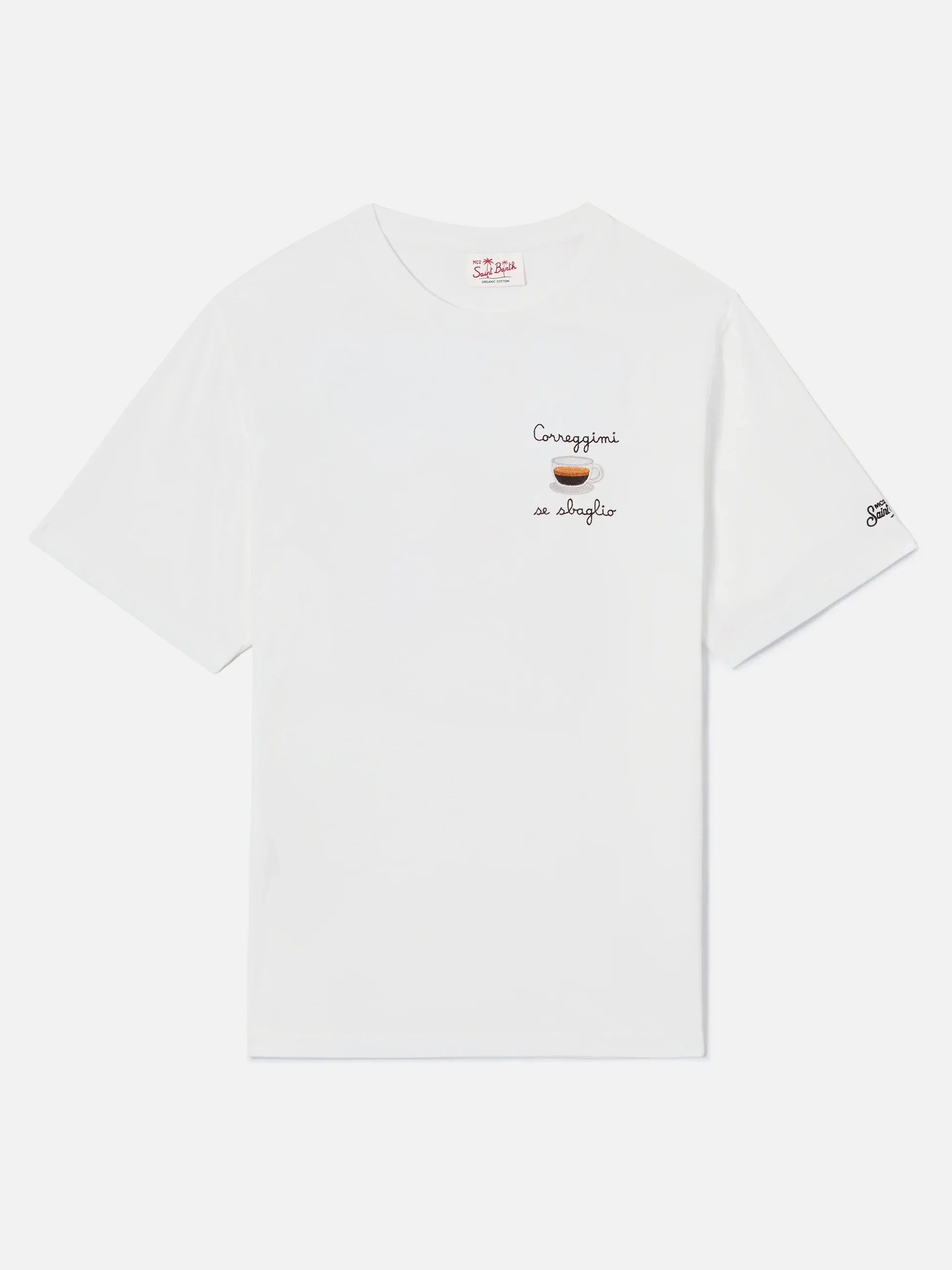 T-shirt bianca uomo con scritta 'Correggimi se sbaglio' e grafica caffè, manica corta casual