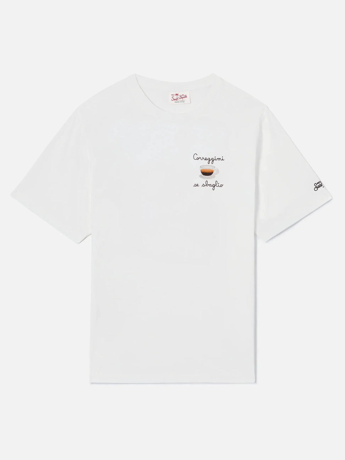 T-shirt bianca uomo con scritta 'Correggimi se sbaglio' e grafica caffè, manica corta casual