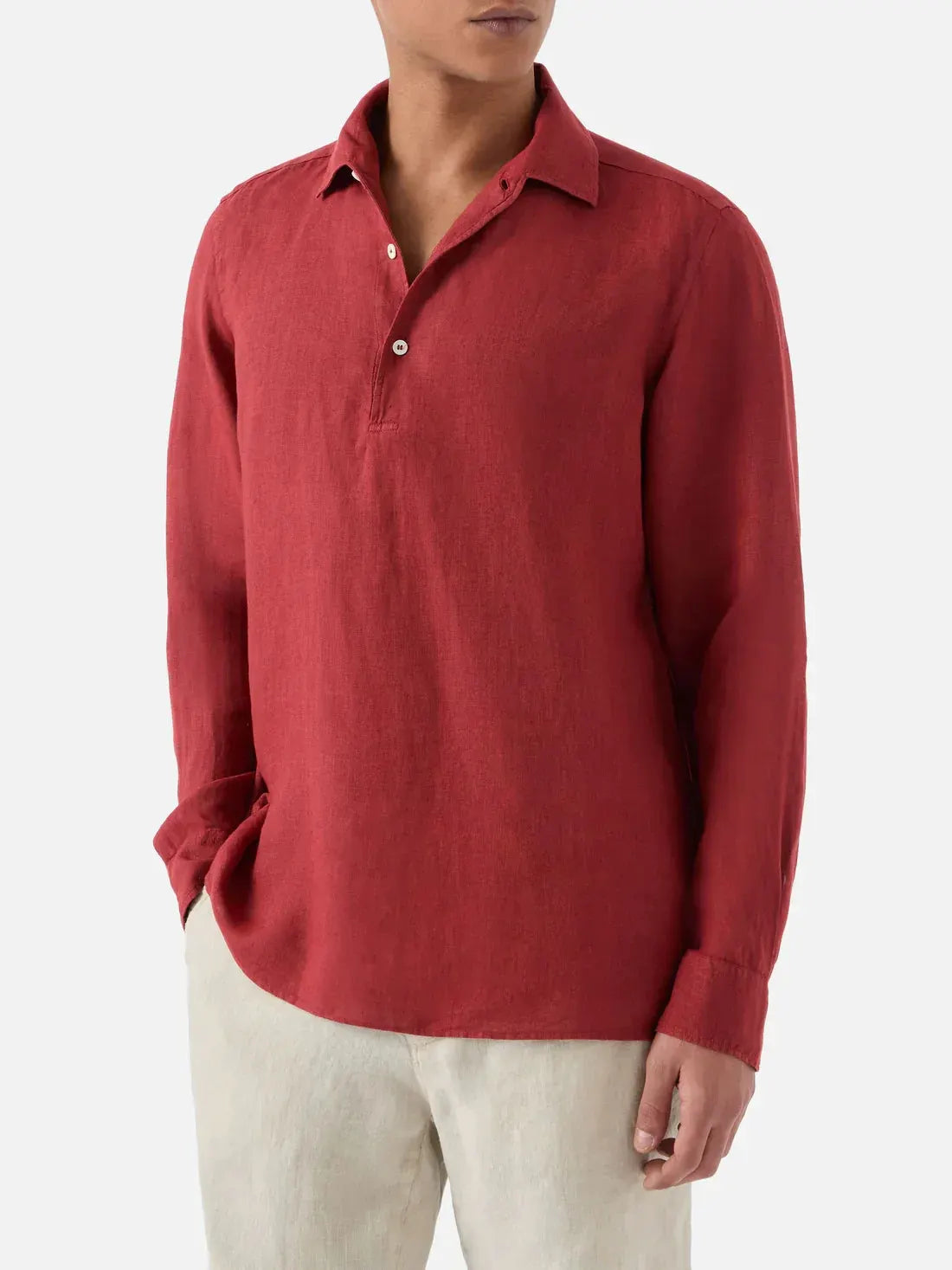 Camicia uomo lino rosso manica lunga, stile casual, colletto classico