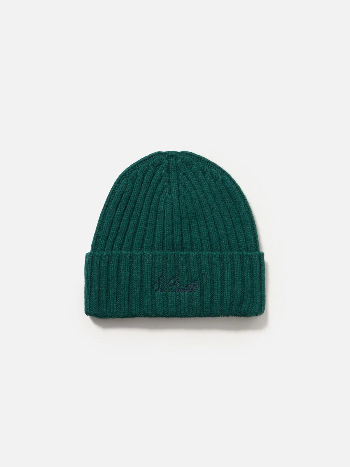 Berretto Wengen (WENG001) in cashmere blend verde British - vista frontale con ricamo St Barth