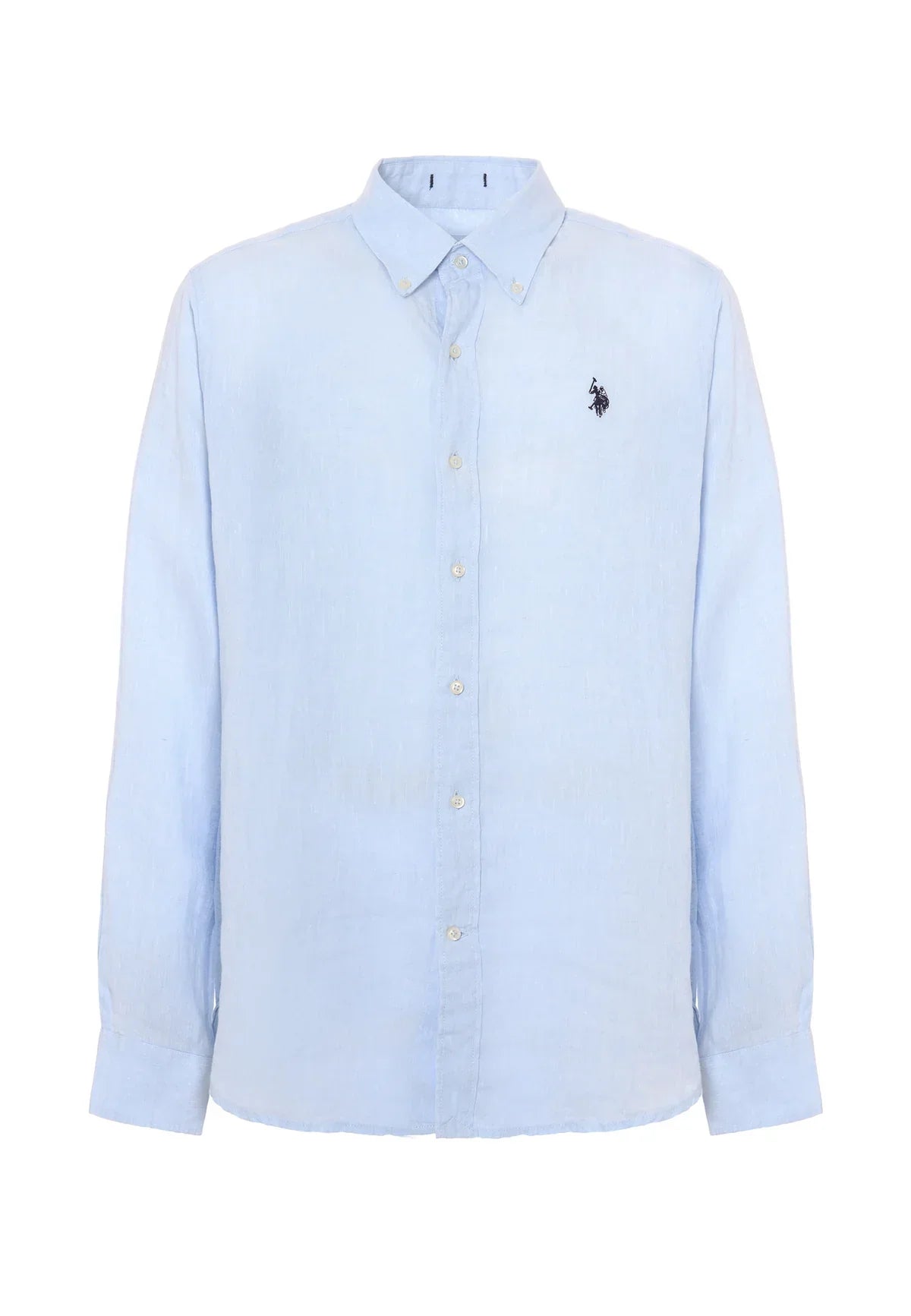 Camicia uomo azzurra in lino, manica lunga, colletto button-down, logo ricamato sul petto.
