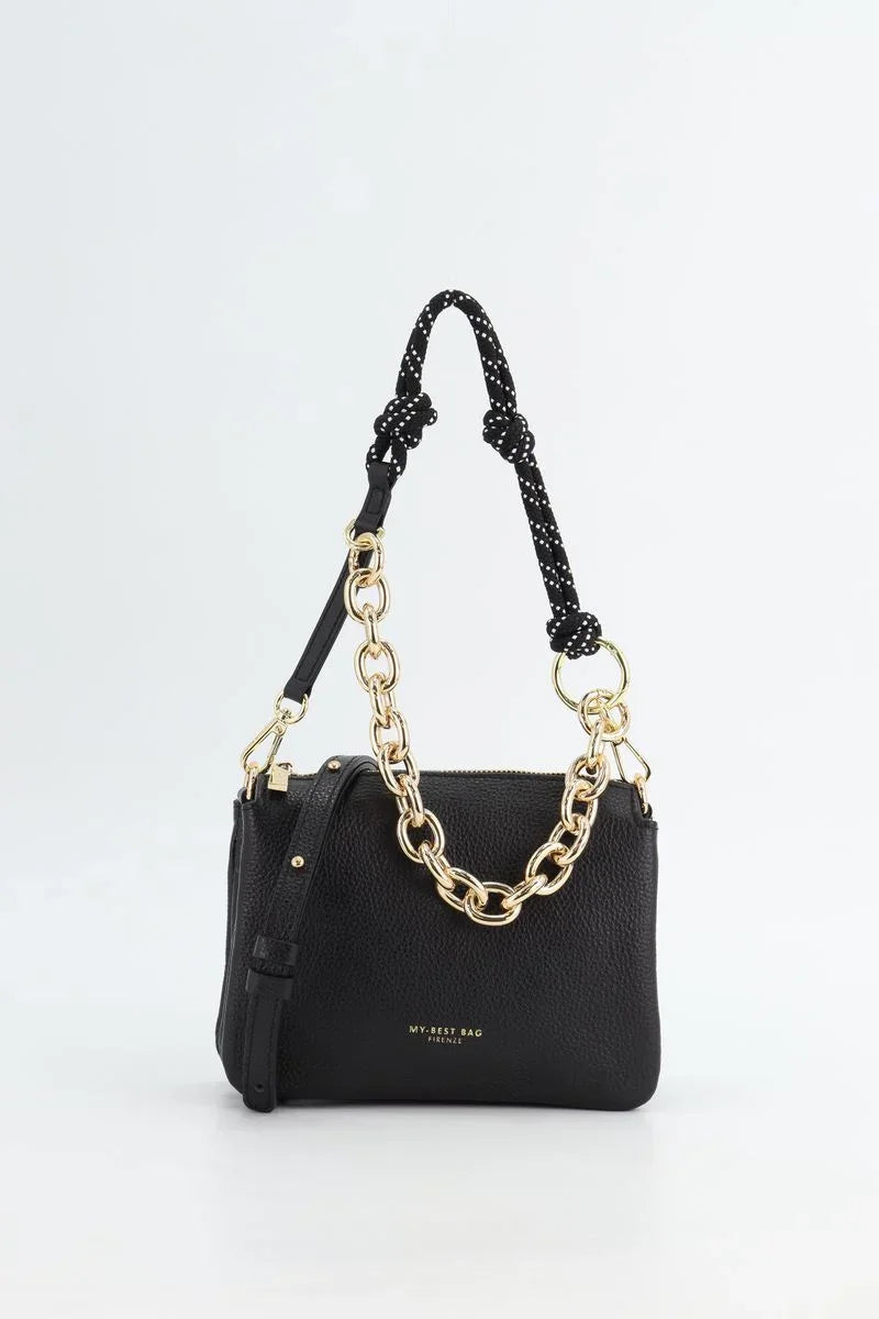 Borsa a tracolla donna nera in pelle con catena dorata e manico in tessuto, stile elegante.