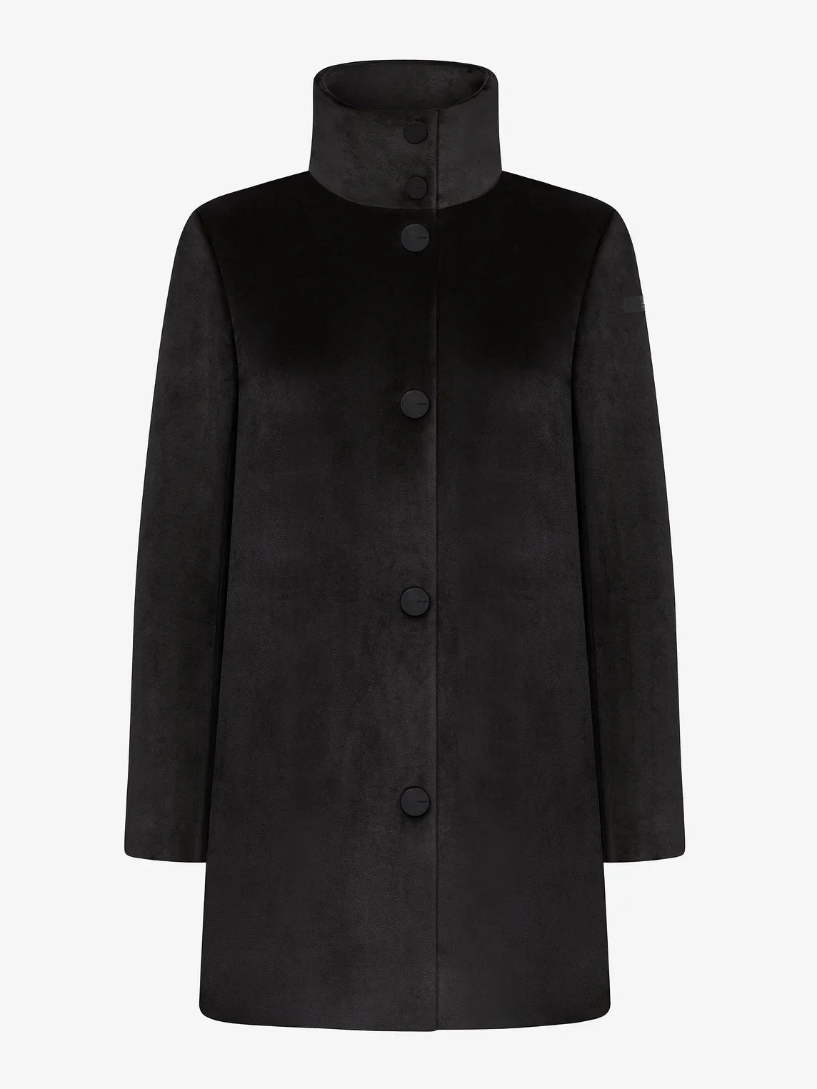 Cappotto uomo nero elegante con collo alto e chiusura a bottoni, stile Made in Italy