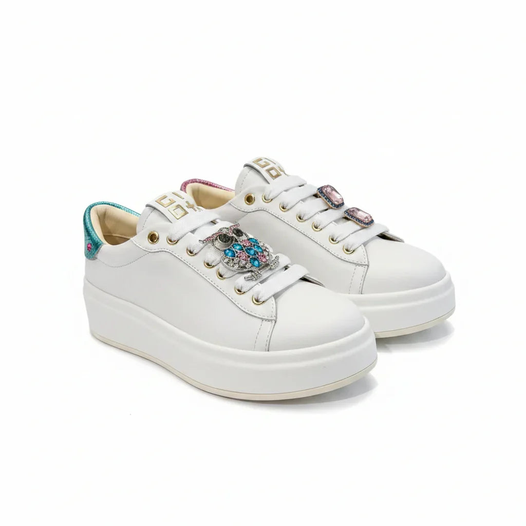 Sneakers donna bianche con platform e dettagli gioiello colorati, moda Made in Italy