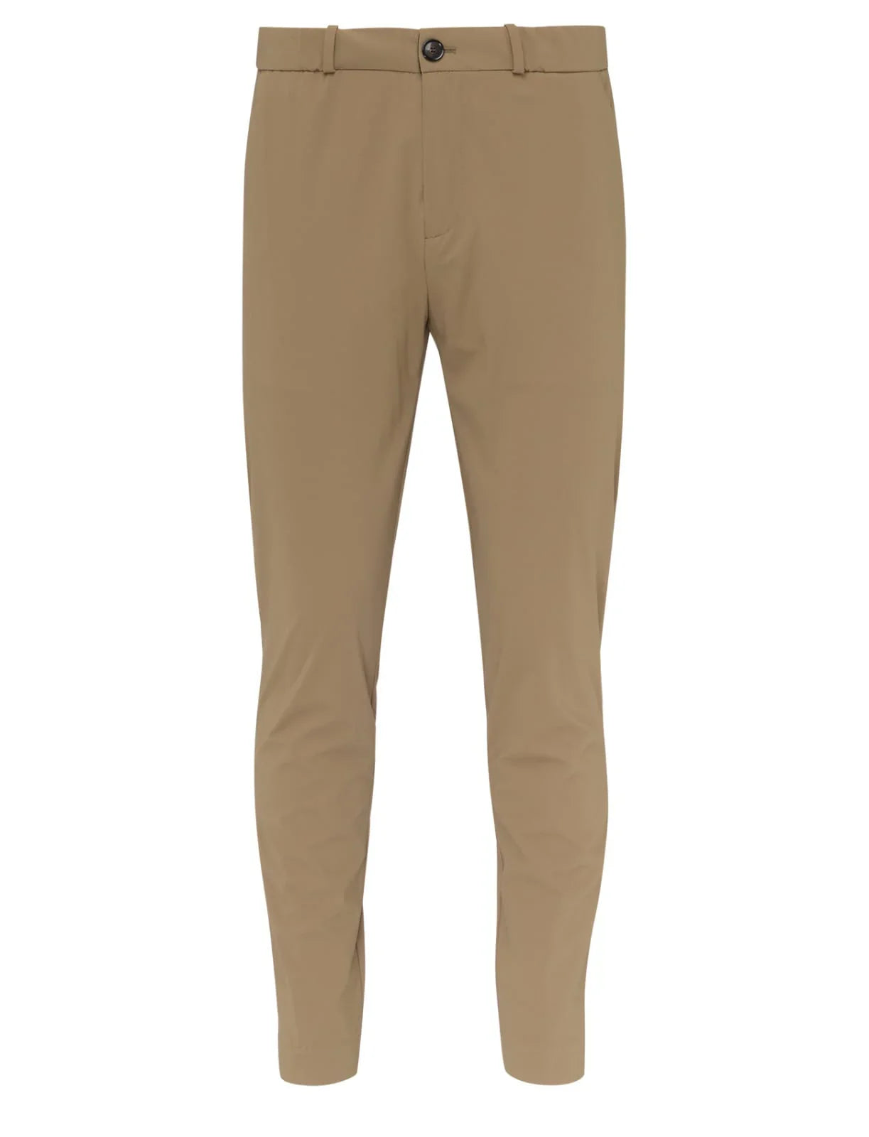 Pantaloni beige da uomo eleganti, stile classico con passanti e bottone frontale.