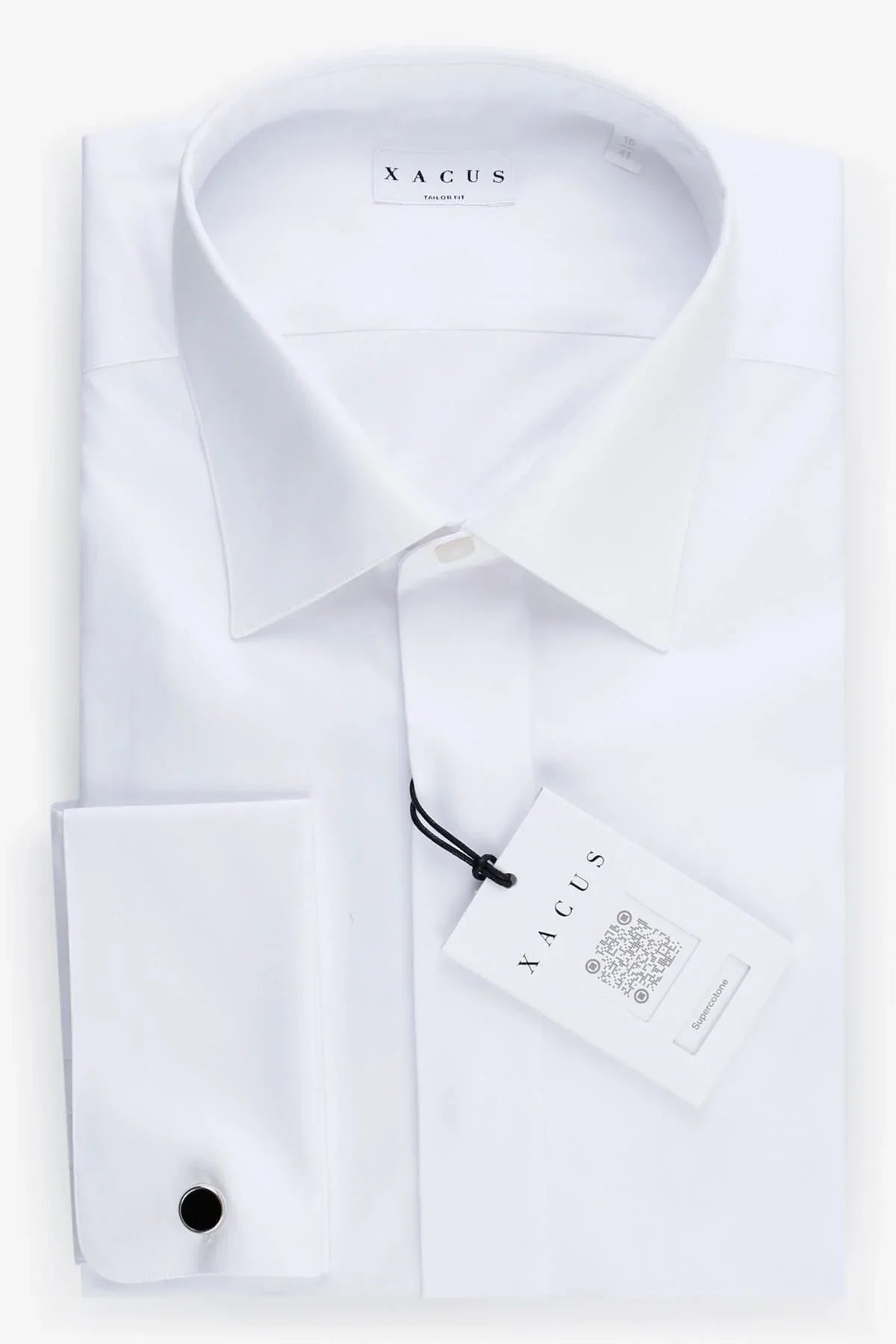 Camicia elegante uomo bianca con polsini doppi, colletto classico e cartellino visibile