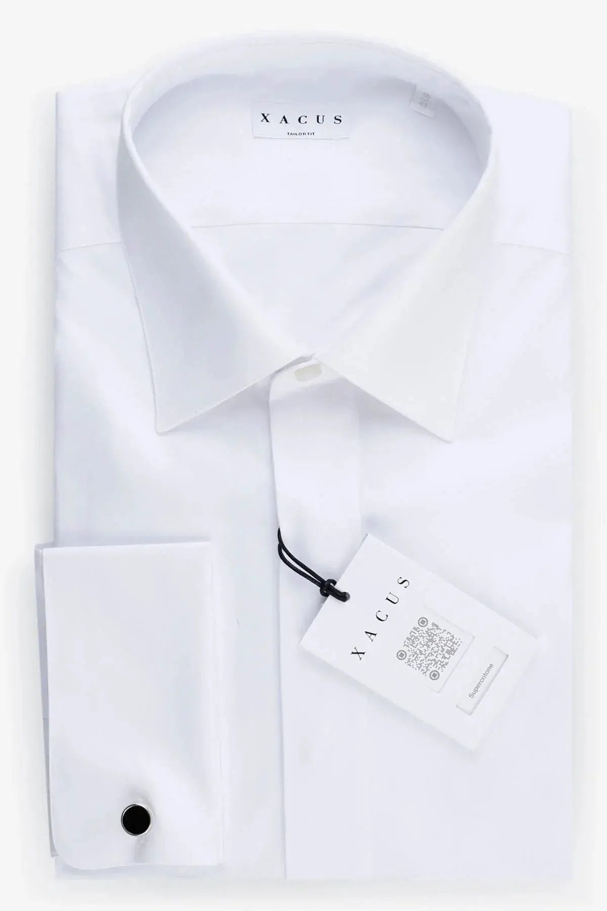 Camicia elegante uomo bianca con polsini doppi, colletto classico e cartellino visibile