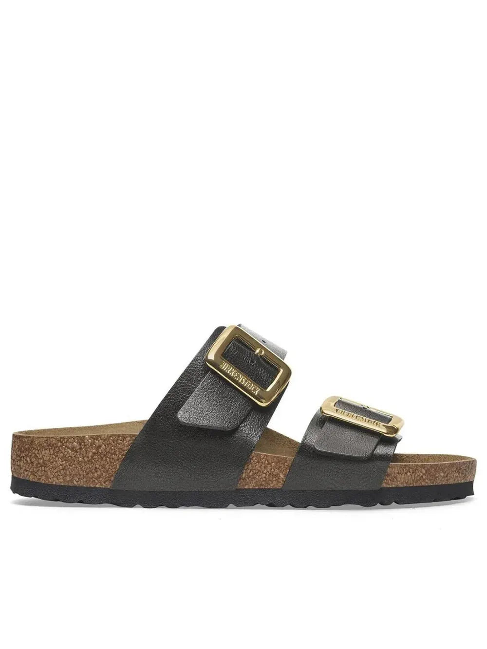 Sandalo donna Birkenstock nero con fibbie dorate e suola in sughero, stile casual estivo