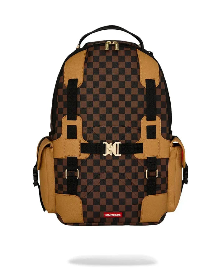 Zaino uomo quadrettato marrone con dettagli in pelle beige, stile moderno, accessorio moda