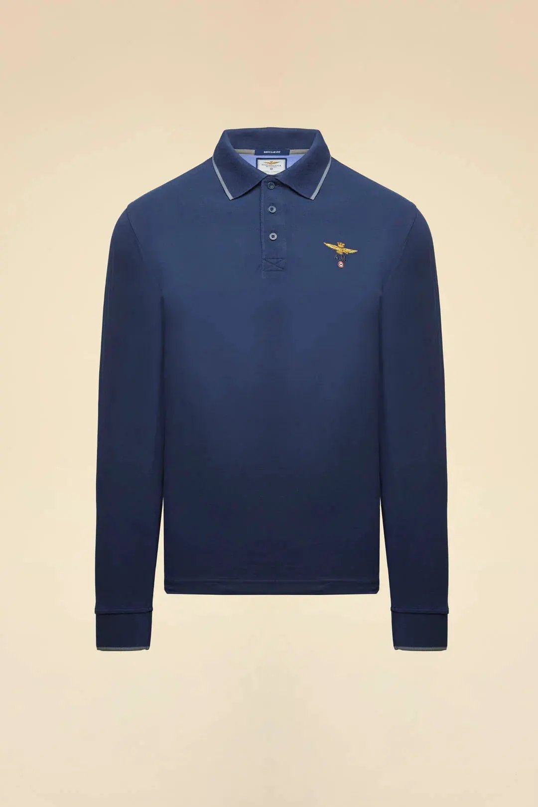 Polo uomo manica lunga blu navy con logo ricamato, stile casual elegante.