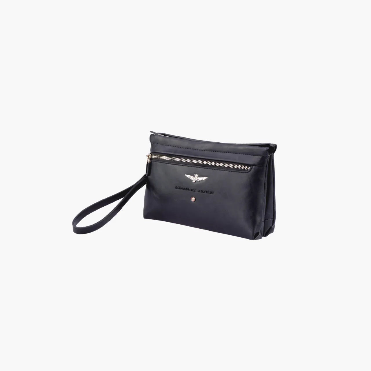 Pochette uomo blu con zip, logo e scritta Aeronautica Militare, cinturino da polso.