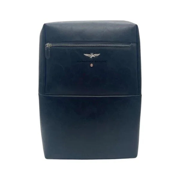 Zaino blu scuro elegante con zip frontale e logo ricamato, accessorio moda uomo