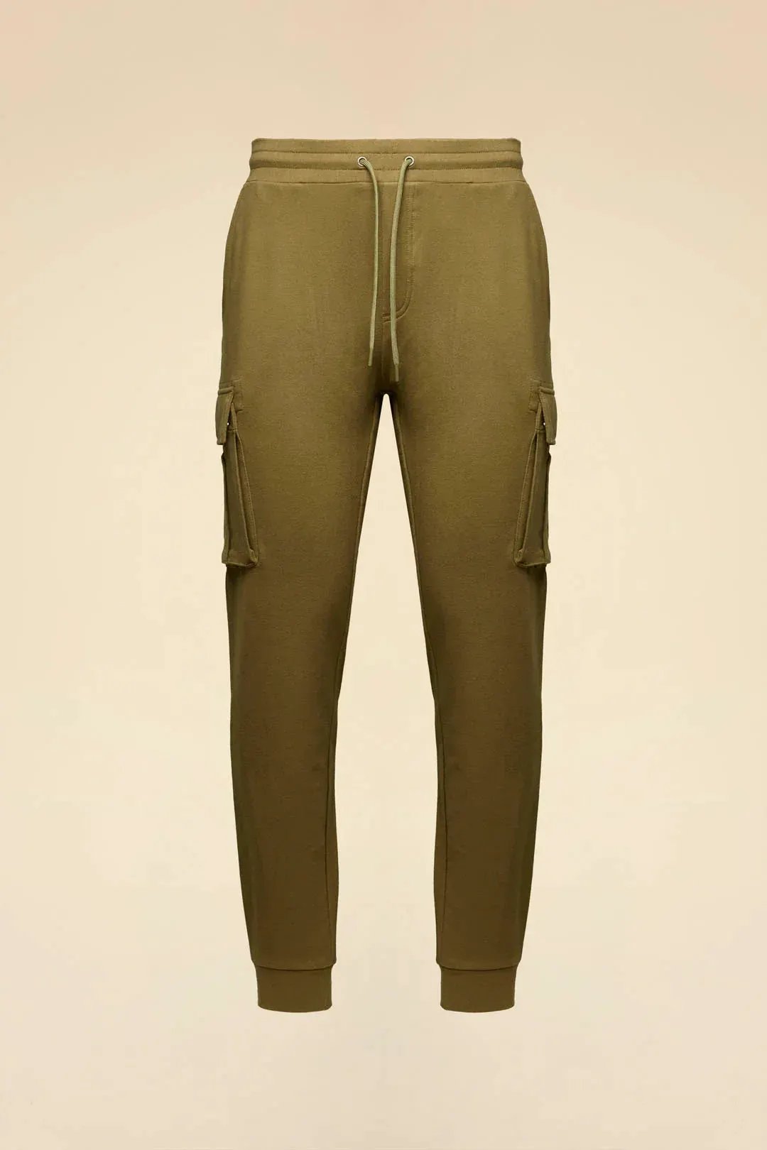 Pantaloni cargo uomo in felpa cotone verde oliva con tasche laterali e coulisse