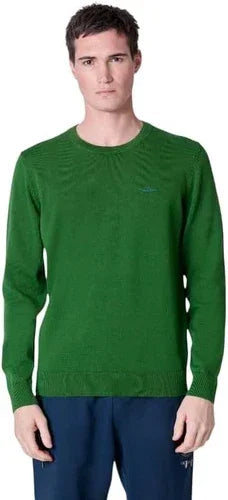 Maglia girocollo uomo verde foresta, maniche lunghe, stile casual elegante, vestibilità slim.