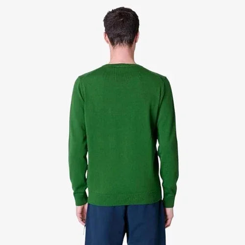 Maglione uomo verde foresta, maniche lunghe, vestibilità classica, visto da dietro