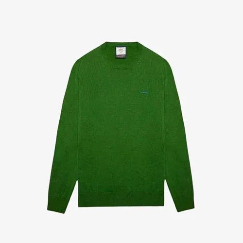 Maglia girocollo uomo verde foresta in maglia leggera, stile casual, dettaglio ricamato sul petto.
