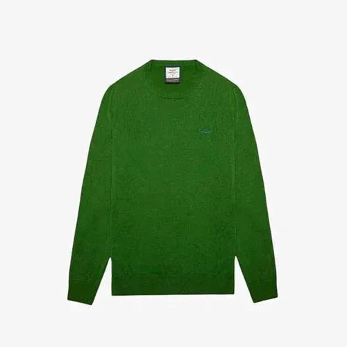 Maglia girocollo uomo verde foresta in maglia leggera, stile casual, dettaglio ricamato sul petto.