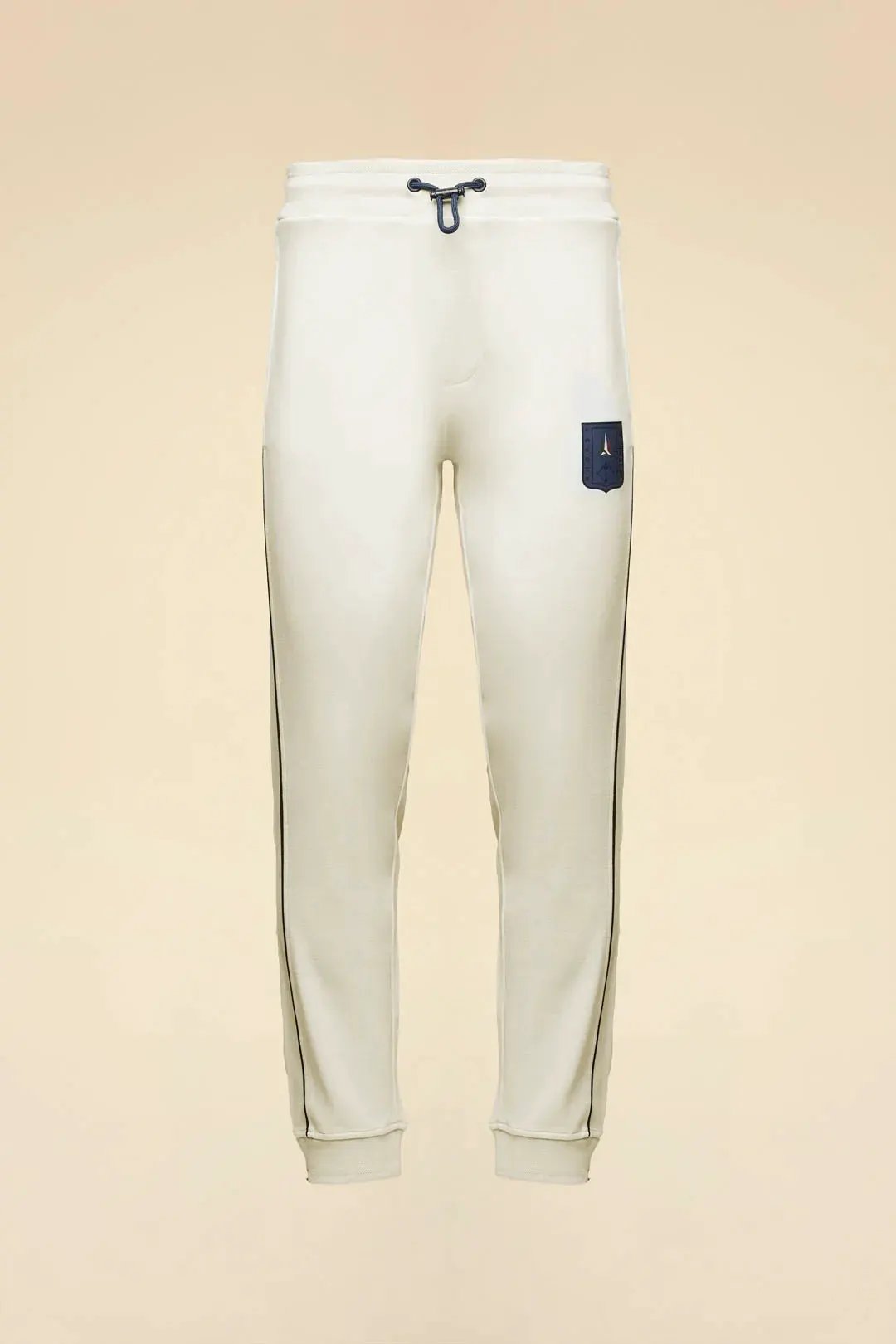 Pantaloni tuta uomo color ghiaccio con tasca, coulisse e dettagli piping neri