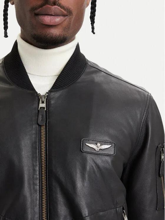 Giacca Blouson in Pelle Aeronautica Militare 262PN0966UPL00328 Nero - Dettaglio colletto e texture pelle