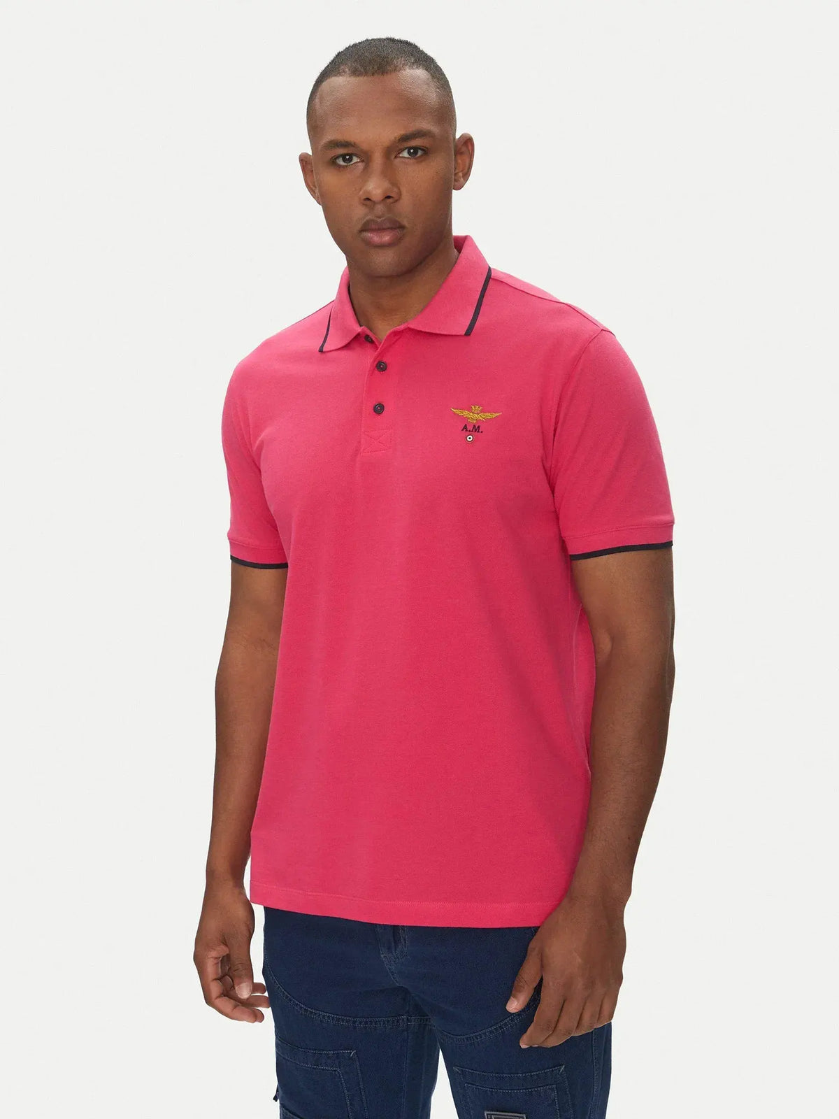 Polo uomo cotone fucsia con logo ricamato, stile casual, maniche corte