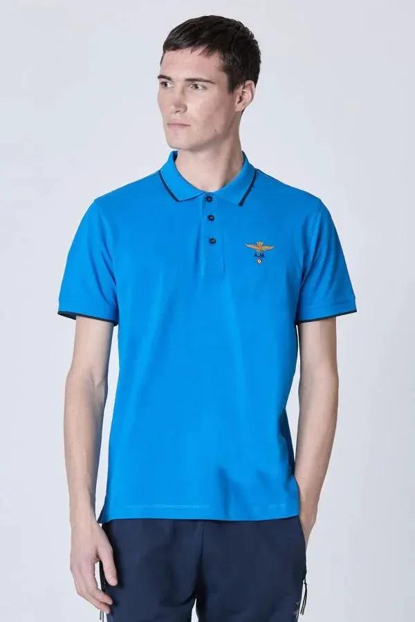 Polo uomo cotone blu con logo ricamato sul petto, stile casual elegante, maniche corte