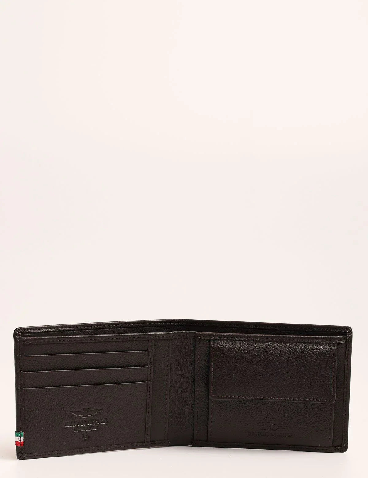 Portafoglio uomo in pelle marrone, porta carte e portamonete, stile elegante.