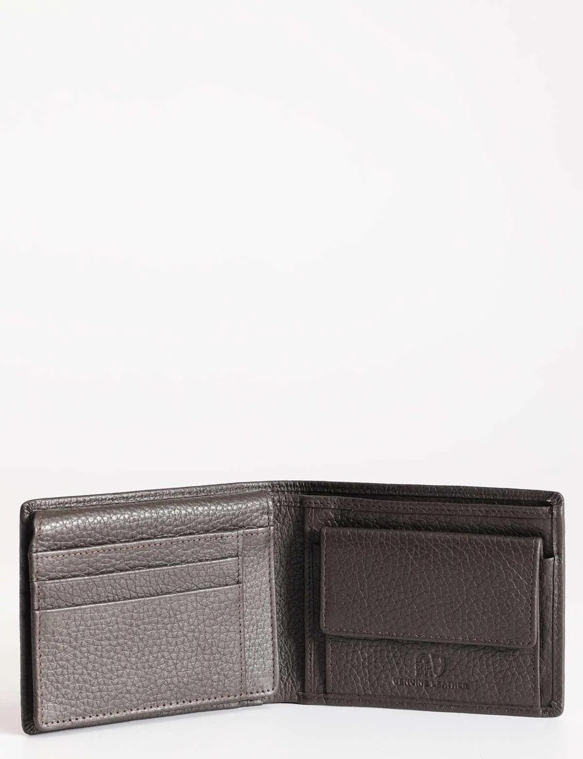 Portafoglio uomo in pelle marrone con porta carte e portamonete, stile elegante.