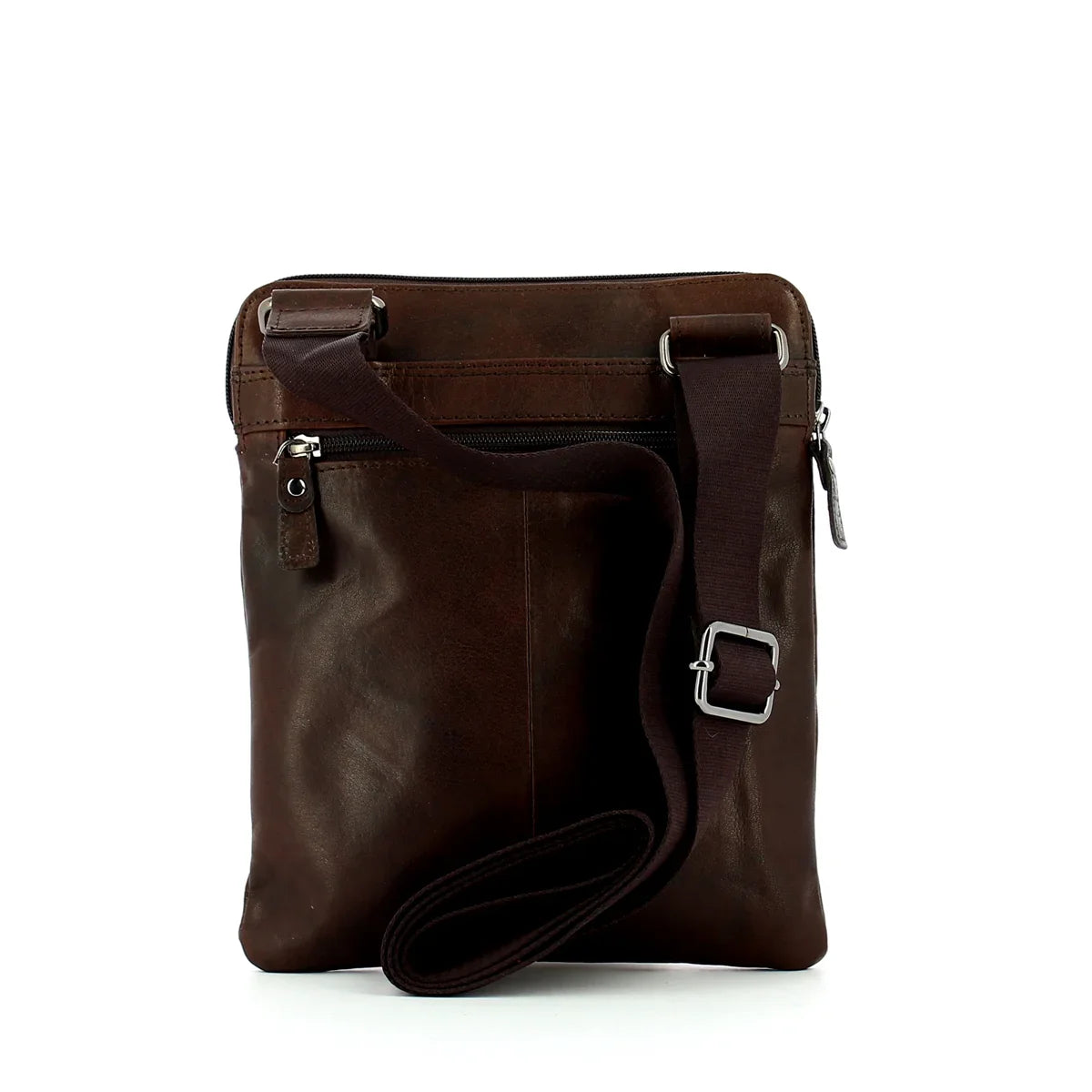 Borsello uomo in pelle marrone con tracolla regolabile e zip frontale, accessorio elegante