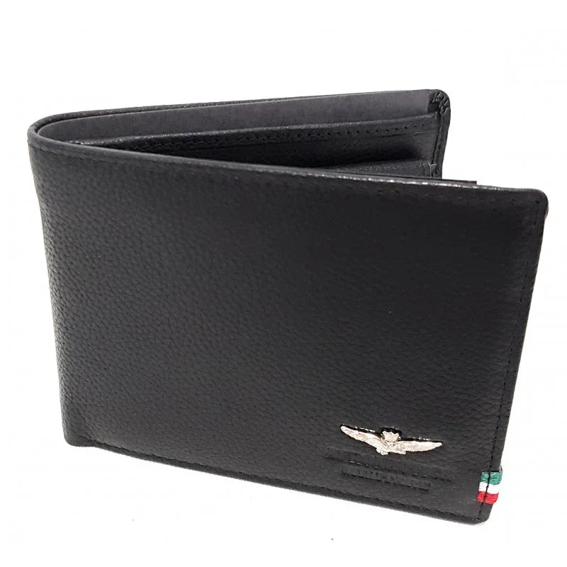 Portafoglio uomo in pelle nera con logo con aquila e dettagli tricolore sul bordo