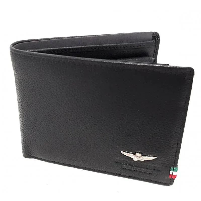 Portafoglio uomo in pelle nera con logo con aquila e dettagli tricolore sul bordo