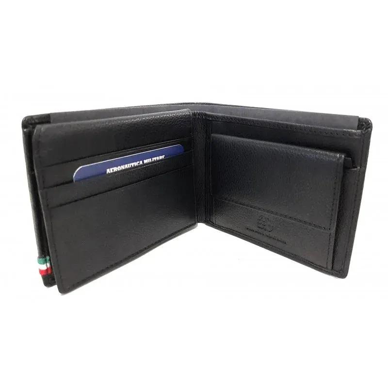 Portafoglio uomo in pelle nera con portamonete e scomparti per carte, design elegante